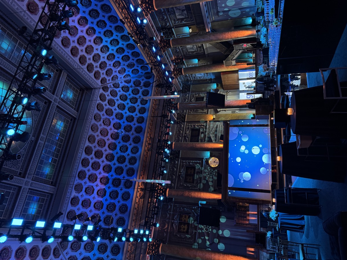 Blue ballroom with LED screen + full truss rig