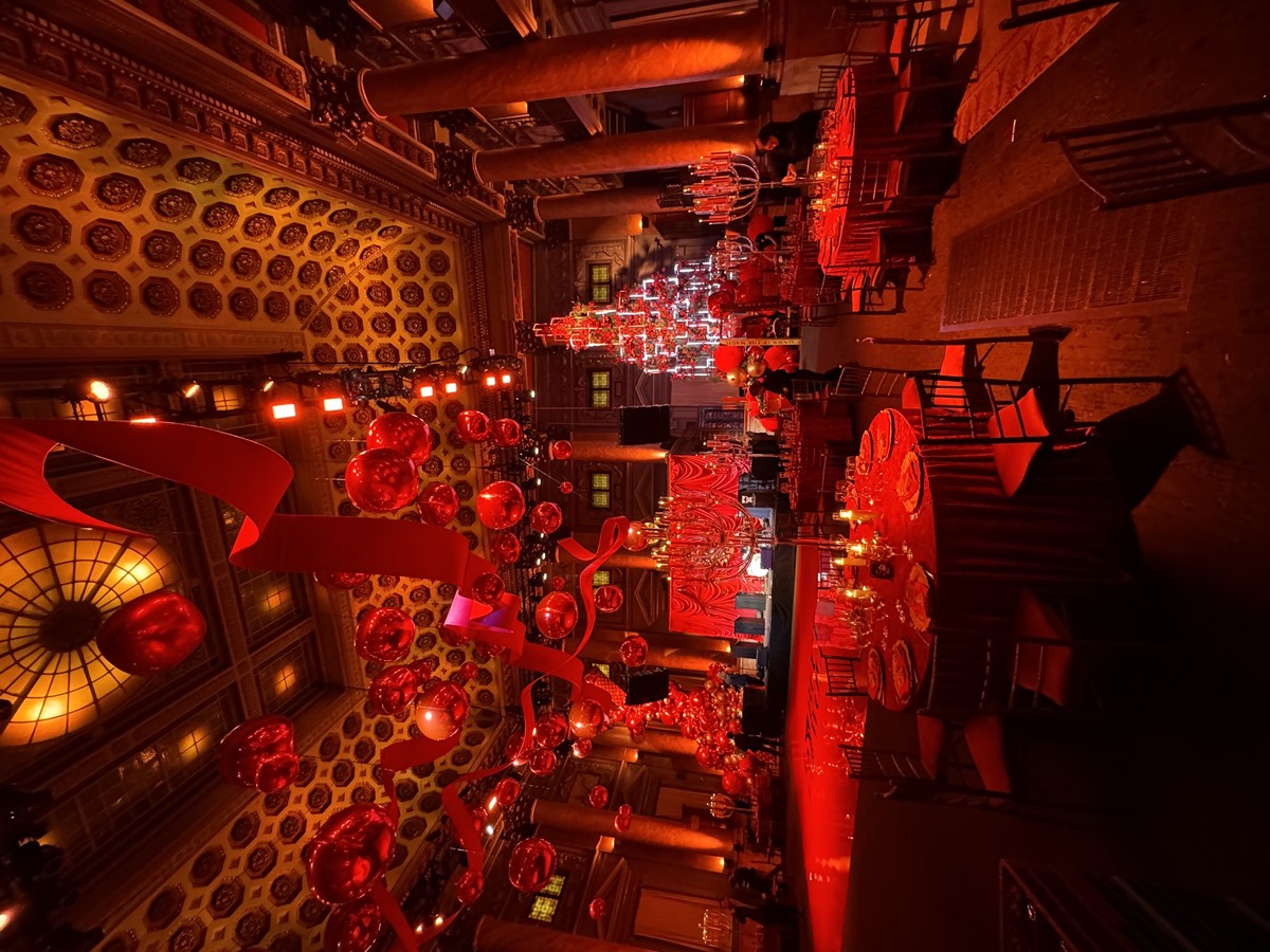 Red gala ballroom dramatic uplighting + moving heads